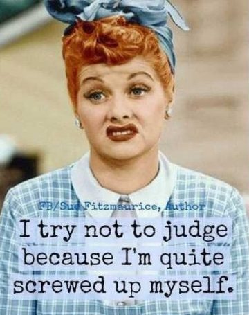 Vintage meme woman with a humorous expression about self-judgment.