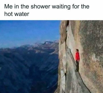 Person waiting cliffside symbolizing waiting for hot shower water.