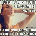 Woman in shower reacting to unexpected back wash offer joke