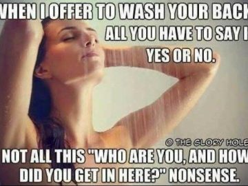 Woman in shower reacting to unexpected back wash offer joke