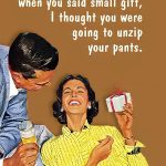 Retro couple exchanging a humorous small gift surprise.