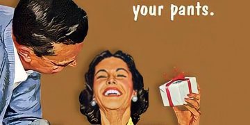 Retro couple exchanging a humorous small gift surprise.