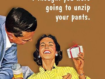 Retro couple exchanging a humorous small gift surprise.