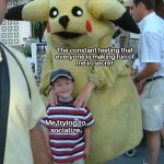 Boy posing with awkward mascot, captioned about social anxiety.