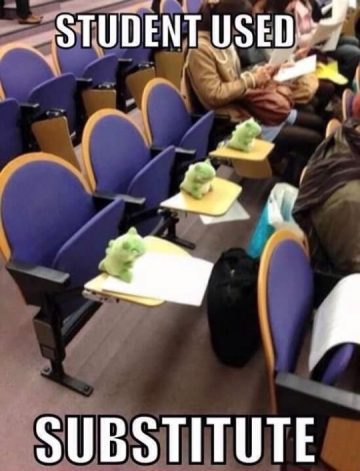 Stuffed toys filling seats in a lecture hall as student substitutes.