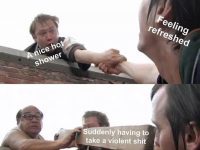 A sequence of two images showing a sudden bathroom crisis after a shower.