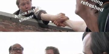 A sequence of two images showing a sudden bathroom crisis after a shower.