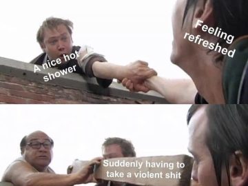 A sequence of two images showing a sudden bathroom crisis after a shower.