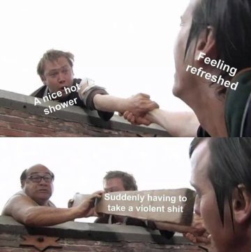 A sequence of two images showing a sudden bathroom crisis after a shower.