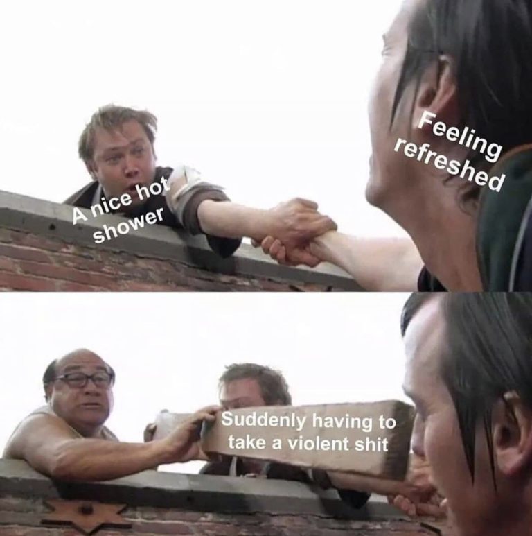 A sequence of two images showing a sudden bathroom crisis after a shower.