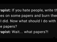 Therapist suggests unknown method; hilarity ensues.