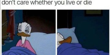 Cartoon character unfazed by nighttime noise; dark humor meme.