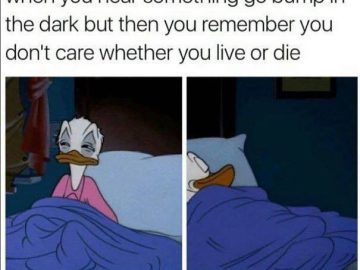 Cartoon character unfazed by nighttime noise; dark humor meme.