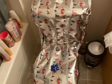 Toilet humor taken literally with a fully gift-wrapped toilet.
