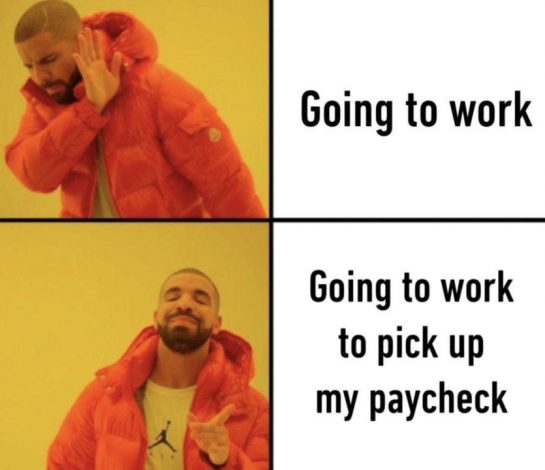 Meme showing different reactions to going to work vs. payday