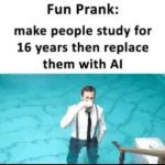 Man in suit drinks coffee in pool, text reads, "16 years of study replaced by AI."