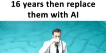 Man in suit drinks coffee in pool, text reads, "16 years of study replaced by AI."