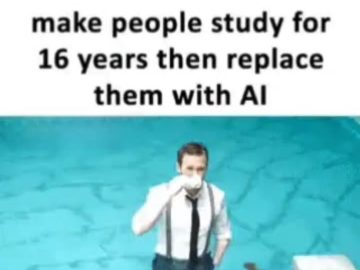 Man in suit drinks coffee in pool, text reads, "16 years of study replaced by AI."