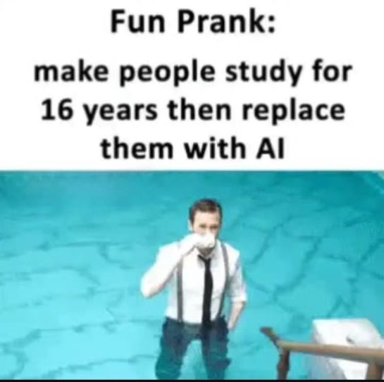 Man in suit drinks coffee in pool, text reads, "16 years of study replaced by AI."