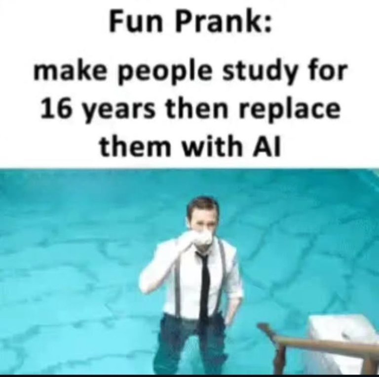 Man in suit drinks coffee in pool, text reads, "16 years of study replaced by AI."