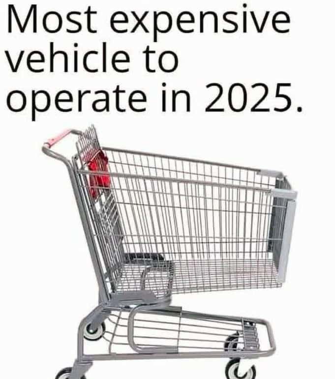 Shopping cart labeled as the most expensive vehicle in 2025.