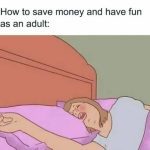 Cartoon of a woman sleeping on a bed, illustrating adult life fun.