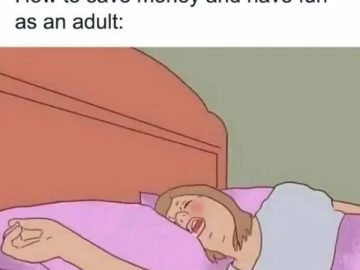 Cartoon of a woman sleeping on a bed, illustrating adult life fun.