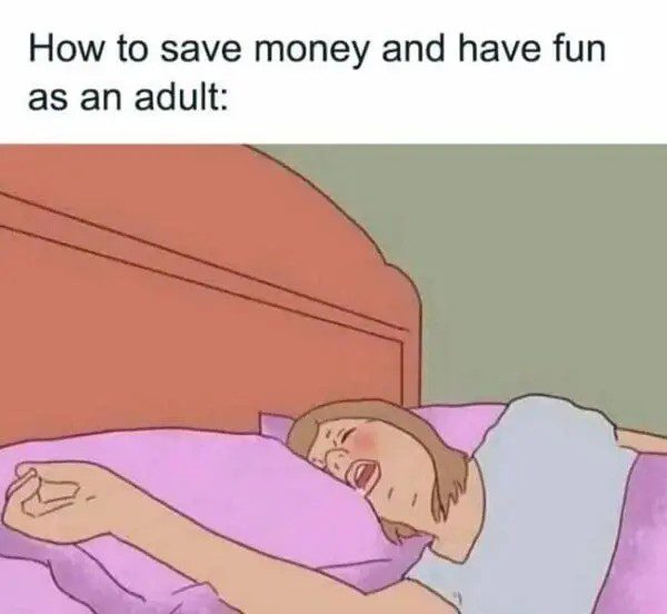 Cartoon of a woman sleeping on a bed, illustrating adult life fun.