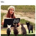 Woman reading to kittens, humorously envisioning her future.