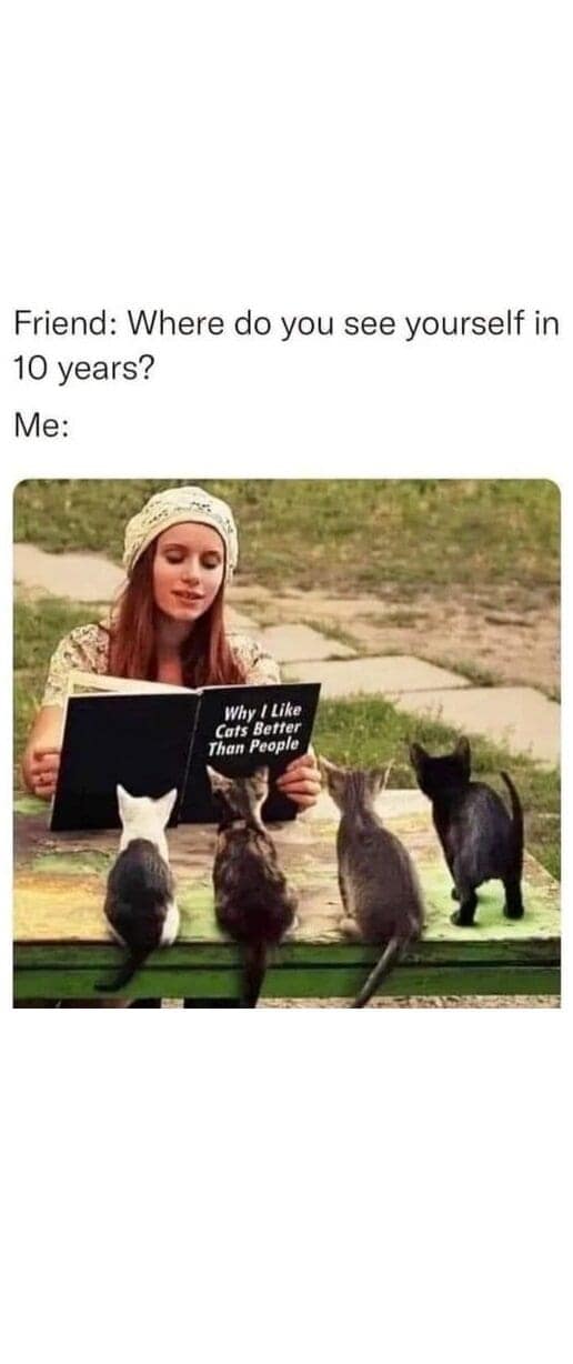 Woman reading to kittens, humorously envisioning her future.