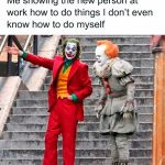 Two clowns on stairs; one teaching the other, cluelessly funny.