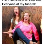 Two shocked women reacting dramatically to a flipped pillow joke.