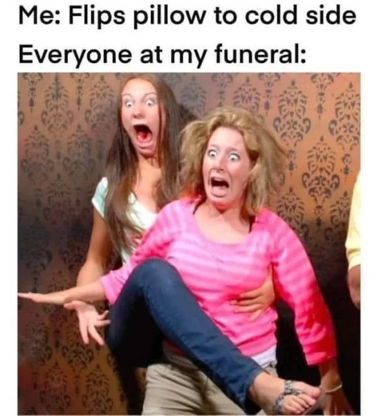 Two shocked women reacting dramatically to a flipped pillow joke.