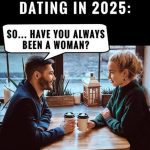 A couple on a coffee date with a humorous 2025 dating question.
