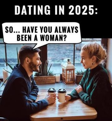 A couple on a coffee date with a humorous 2025 dating question.