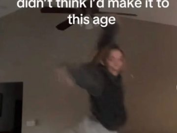 Person jumping with text about not expecting to reach this age.