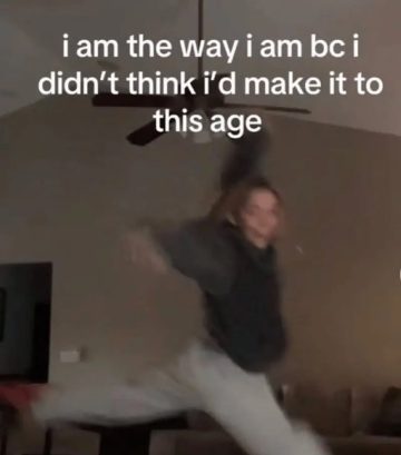 Person jumping with text about not expecting to reach this age.