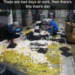 Workers dealing with a massive egg spill in the warehouse.