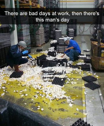 Workers dealing with a massive egg spill in the warehouse.