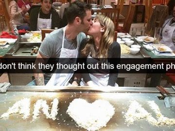 Couple kisses in front of funny engagement rice message mistake.