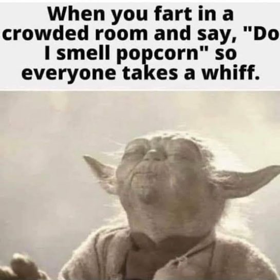 Yoda enjoying the smell after a fart prank in a crowded room.