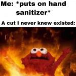 Elmo in fire meme reacting to hand sanitizer on a cut.