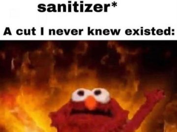 Elmo in fire meme reacting to hand sanitizer on a cut.