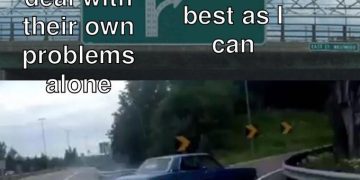Car swerving off freeway to help friends, captioned for humor.
