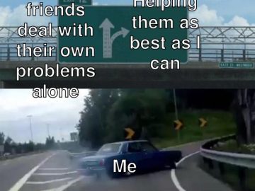 Car swerving off freeway to help friends, captioned for humor.