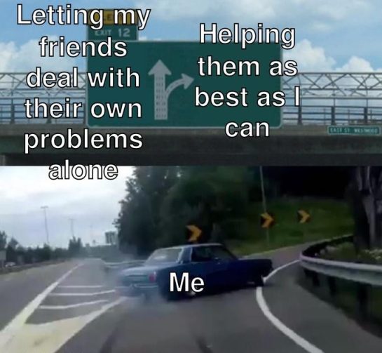 Car swerving off freeway to help friends, captioned for humor.