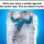 Man frozen in an ice block, dark humor about aging and pain relief.
