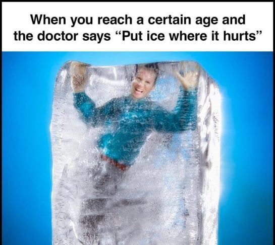Man frozen in an ice block, dark humor about aging and pain relief.