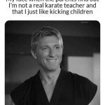 Guy smiling after pretending to be a karate teacher