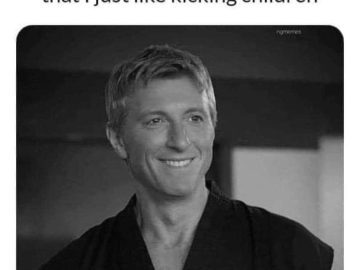 Guy smiling after pretending to be a karate teacher